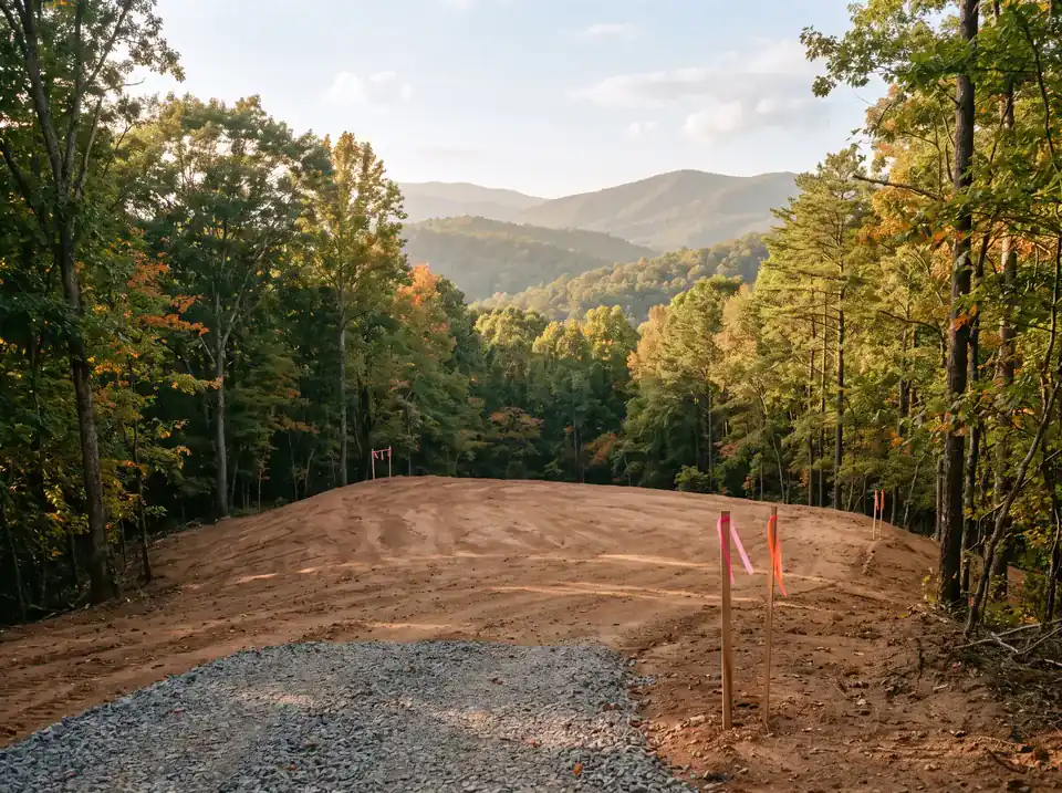 A freshly graded red-clay building lot with flagged survey stakes and a gravel apron, framed by hardwoods with hazy forested ridges behind