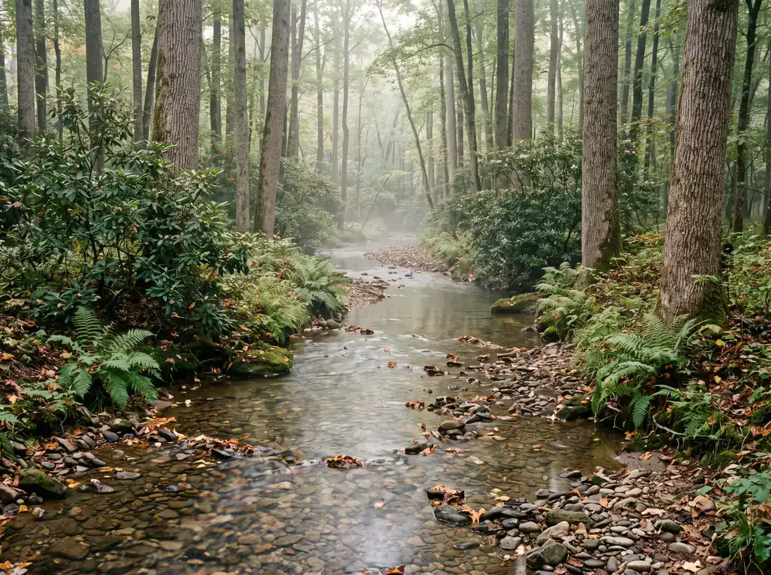 A clear shallow creek winding over smooth stones through a misty hardwood bottomland lined with ferns and laurel