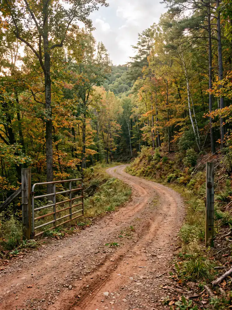 An open metal farm gate beside a red-clay gravel drive that curves uphill through hardwoods turning gold