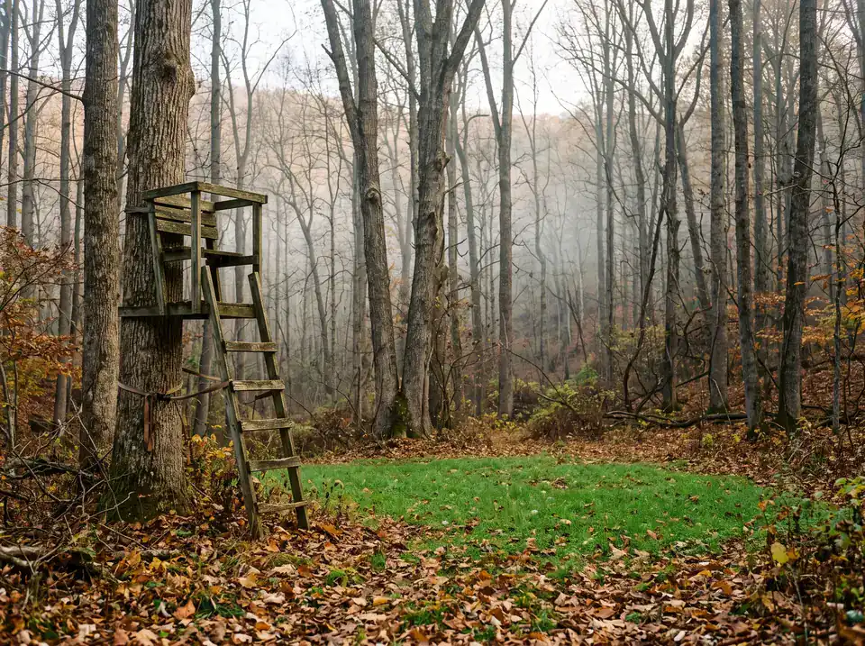 A weathered wooden ladder stand strapped to an oak at the edge of a small green clearing in a misty, leaf-covered hardwood hollow