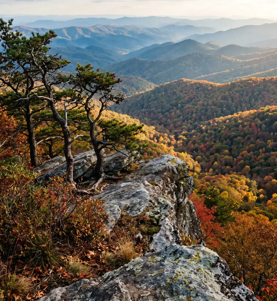 A lichen-covered granite outcrop with wind-bent pines above layer after layer of forested ridges in autumn color
