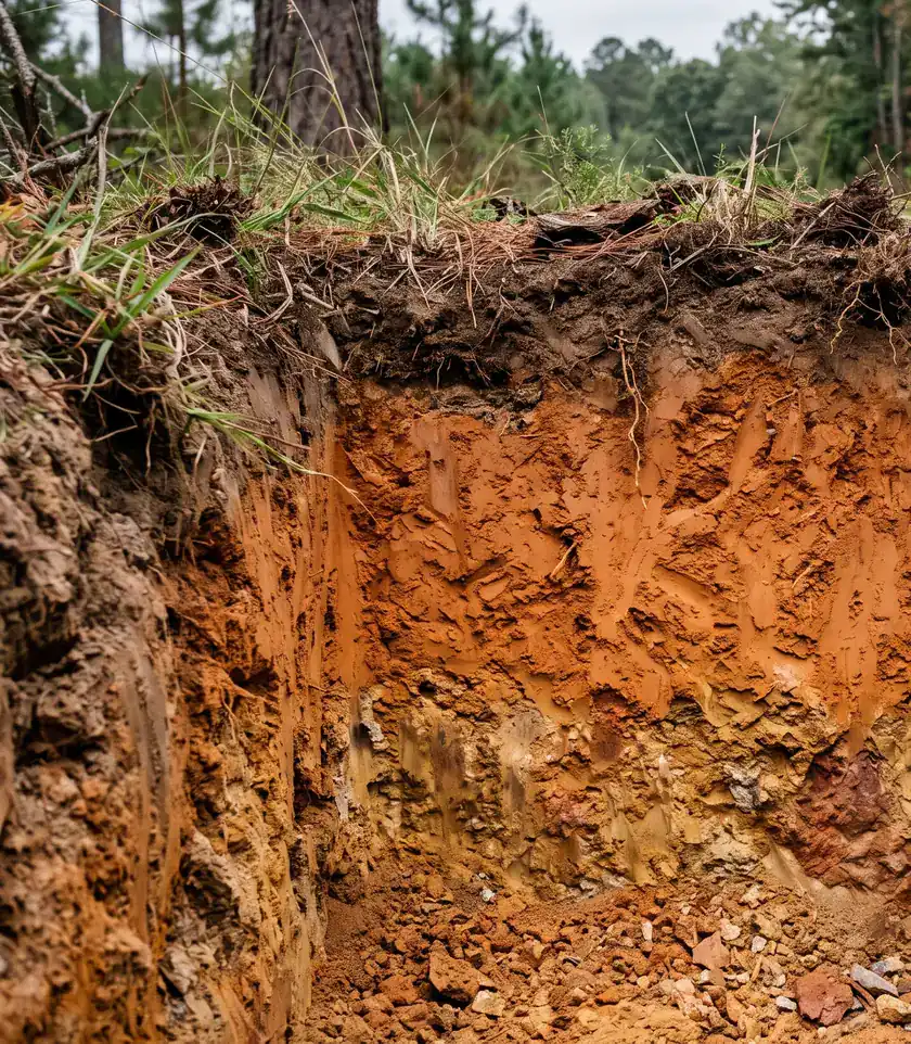 A freshly dug soil test pit: a band of dark topsoil and roots over thick orange-red clay, with pale weathered rock beneath and pines behind